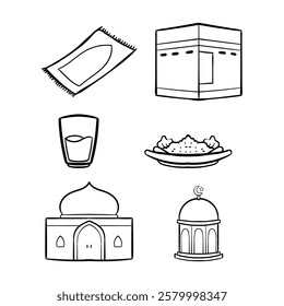 Ramadhan cute hand drawn vector doodle in line art style. Eid Mubarak hand drawn doodle art. Can use for sticker, graphic asset