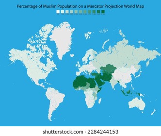 Ramadhan Edition: Prozentsatz der muslimischen Bevölkerung auf einer Mercator Projection World Map (Vector)