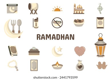 Ramadán Vector plano Ilustración de iconos Pegatina Set Diseño Materiales