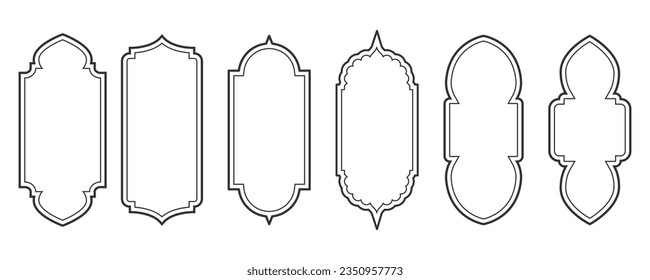 Ramadhan frame shapes. Outline vector islamic arch and door. Muslim ornament label. Design elements isolated on white background. Traditional vintage symbols for decoration.