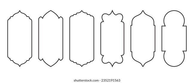 Ramadhan frame shapes. Outline vector islamic arch and door. Muslim ornament label. Design elements isolated on white background. Traditional vintage symbols for decoration.