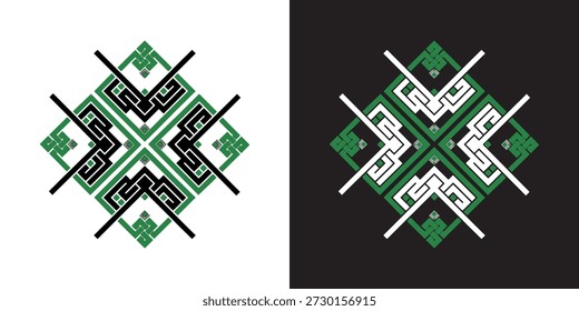 Patrón geométrico de Ramadán con Formas verdes, negras y blancas sobre fondos blancos y negros contrastantes, ideal para diseños decorativos, arte digital y gráficos modernos.	