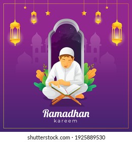 Ramadhan greetings card with kid reading Quran