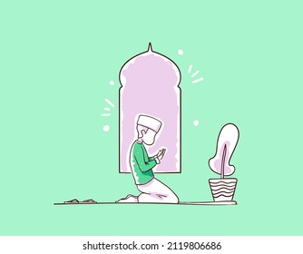 Ramadhan Hand Draw Illustration of Islamic people Pray on the mosque