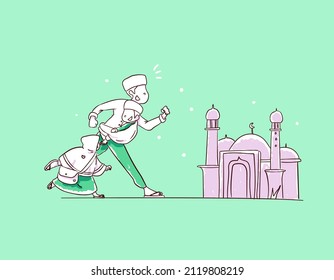 Ramadhan Hand Draw Illustration Of Islamic Family Running Go To Mosque