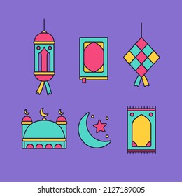 ramadhan icon set in 90s trendy color style with lantern lamp, al quran book, ketupat, mosque, prayer mat, and crescent moon