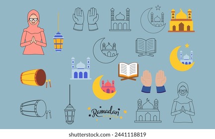 ramadhan icon set with color and outline style