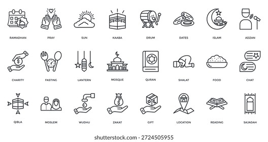Conjunto de iconos de Ramadán. Contiene Oración, Kaaba, Ayuno, Linterna, Mezquita, Corán, Icono de Zakat. Estilo de esquema