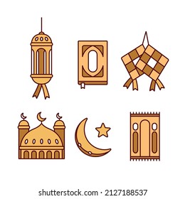 ramadhan icon set in gold yellow color style with lantern lamp, al quran book, ketupat, mosque, prayer mat, and crescent moon