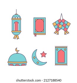 ramadhan icon set in soft color cartoon style with lantern lamp, al qur'an book, ketupat, mosque, prayer mat, and crescent moon
