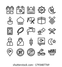 Icono de Ramadán conjunto línea vectorial para sitio web, aplicación móvil, presentación, medios sociales. Adecuado para la interfaz de usuario y la experiencia del usuario.
