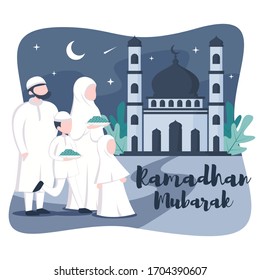 Ramadhan Illustration With Muslim Family Go To Mosque