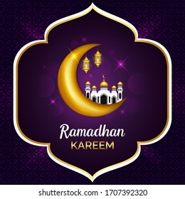 Ramadhan kareem background decorated with golden moon and lantern. Realistic 3D design. Vector illustration
