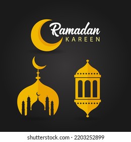 Ramadhan kareem background design logo. Islamic background with crescent moon, lantern, and mosque