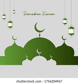 Ramadhan Kareem background design with mosque. Green Mosque and Lampions Vector