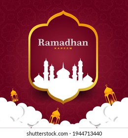 Ramadhan Kareem background with ramadhan element. Maroon Background. Social Media Template. Greeting card. Vector illustration