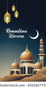 Ramadhan Kareem background with mosque ornaments, paper cut clouds, design for Ramadan x banner event needs