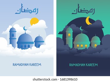 Ramadhan Kareem Card Illustration Background with Arabic Calligraphy and Mosque in The Morning and Evening Condition