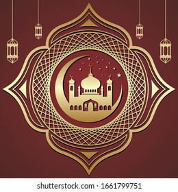 Ramadhan Kareem diseña la luna creciente islámica y la silueta de la mezquita cúpula con un patrón de marco