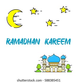 Ramadhan kareem, eid mubarak, eid al fitr, celebration for greeting card, colorful illustration mosque with calligraphy