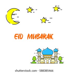 Ramadhan kareem, eid mubarak, eid al fitr, celebration for greeting card, colorful illustration mosque with calligraphy