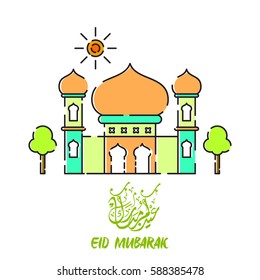 Ramadhan kareem, eid mubarak, eid al fitr, celebration for greeting card, colorful illustration mosque with calligraphy