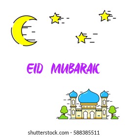Ramadhan kareem, eid mubarak, eid al fitr, celebration for greeting card, colorful illustration mosque with calligraphy