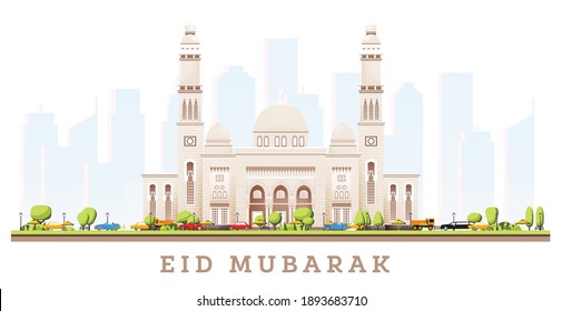 Ramadhan Kareem. Eid Mubarak Grüße mit Jumeirah Moschee einzeln auf Weiß. Vektorgrafik. Elegantes islamisches Moschee-Gebäude.