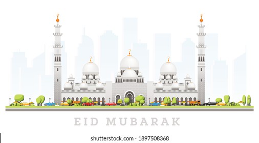 Ramadhan Kareem. Eid Mubarak Greetings with Grand Mosque in Abu Dhabi Isolated on White. Vector Illustration. Elegant Islamic Mosque Building.