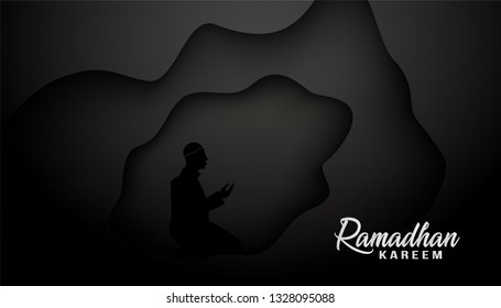 ramadhan kareem greeting beautiful lettering for banner islamic background, vector illustration of ramadhan kareem, isolated on black background with people who are worshiping