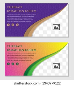 ramadhan kareem greeting card, horizontal  banner template, creative concept design. mosque pattern. gradient color yellow and pink. flat color purple