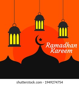 Ramadhan Kareem greeting card with mosque minarets and orange background - Vector Illustration
