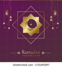 Ramadhan Kareem Greeting Cards, Background of Islamic Art Style with Border Frames, Ramadhan Mubarak Symbols or Eid Al-Fitr. Hanging Gold Lanterns, Arabic lights, moon, stars. vector illustration