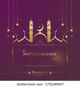 Ramadhan Kareem Greeting Cards. Background of Islamic Art Style with Border Frames, Ramadhan Mubarak Symbols or Eid Al-Fitr. Hanging Gold Lanterns, Arabic lights, moon, stars. vector illustration