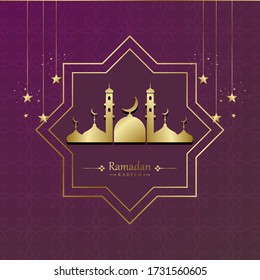 Ramadhan Kareem Greeting Cards. Background of Islamic Art Style with Border Frames, Ramadhan Mubarak Symbols or Eid Al-Fitr. Hanging Gold Lanterns, Arabic lights, moon, stars. vector illustration