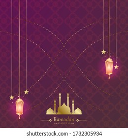 Ramadhan Kareem Greeting Cards. Islamic Art Style with striped ribbons, Ramadhan Mubarak Symbols or Eid Al-Fitr. Hanging Gold Lanterns, Arabic lights, moon, stars. vector illustration