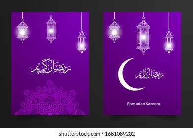 Ramadhan kareem greeting cards are symbols of Islamic crescent with crescent and calligraphy. Ramadan kareem greeting card with a violet vector background design