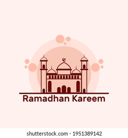 Ramadhan Kareem greeting concept with mosque logo and pink background. Vector illustration