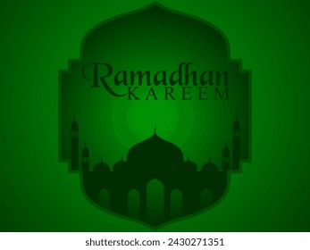 Ramadhan Kareem greetings on a dark green Islamic background with a mosque silhouette