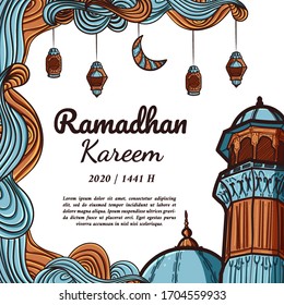 Ramadhan Kareem hand drawn square greeting card with mosques, arabic lanterns and islamic ornament on white background. Vector illustration.