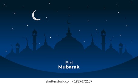 Ramadhan Kareem. Happy Eid Mubarak. Islamic, mosque, night, eid, star, moon, blue. Vector