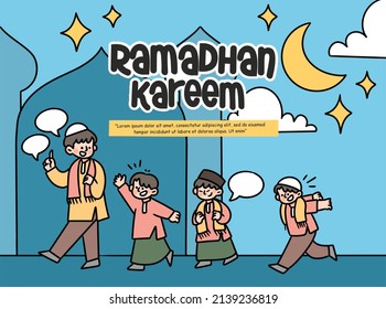Ramadhan Kareem Holiday Eid Fitr Praying Together Banner Illustration Asset