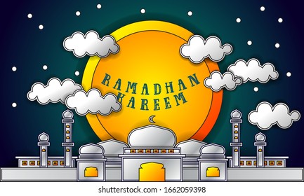 Ramadhan Kareem illustration design with moon and Mosque for sale, greeting card, invitation card, banner, promotion, ads and more