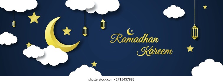 Ramadhan Kareem islamischer Hintergrund mit Halbmond, Hängelaternen, Sternen und Wolken am dunkelblauen Nachthimmel, eleganter festlicher Banner für Ramadan- und Id-Mubarak-Feier