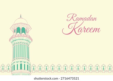 Ramadhan Kareem Islamic Background with Mosque Minaret and Ornamental Border