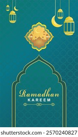 ramadhan kareem. islamic greetings ramadan kareem card design background with lanterns and crescent moon. vector illustration.