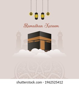 Ramadhan Kareem with Kaaba background vector design illustration