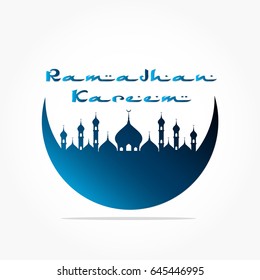 ramadhan kareem logo vector with gradient blue mosque upon a crescent moon shape and shadow