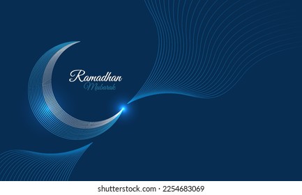 Ramadhan kareem with moon line art on blue background. Islamic invitation card design. Vector illustrator