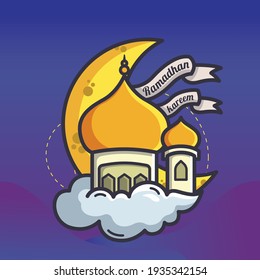 Ramadhan Kareem Moon Mosque Vector Illustration. Holy Ramadhan Flat Cartoon Icon Style.